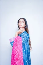 3-Piece Chunnri Set in Raw Silk – Blue Beauty with Mirror Work - Image 3