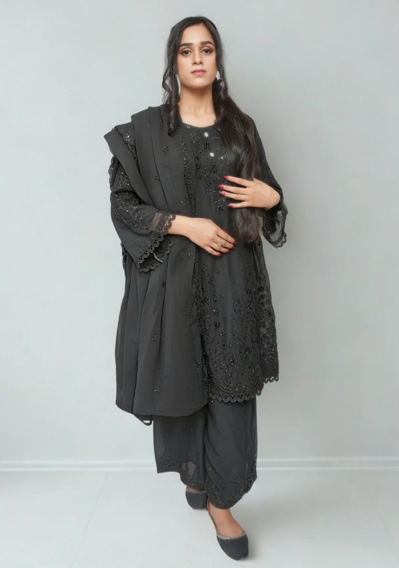 3-Piece Chiffon Short Frock Set – Black with 3D Flowers, Sequins & Flapper Trouser - Image 2