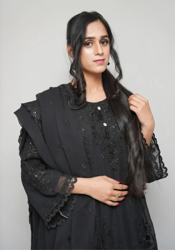 3-Piece Chiffon Short Frock Set – Black with 3D Flowers, Sequins & Flapper Trouser