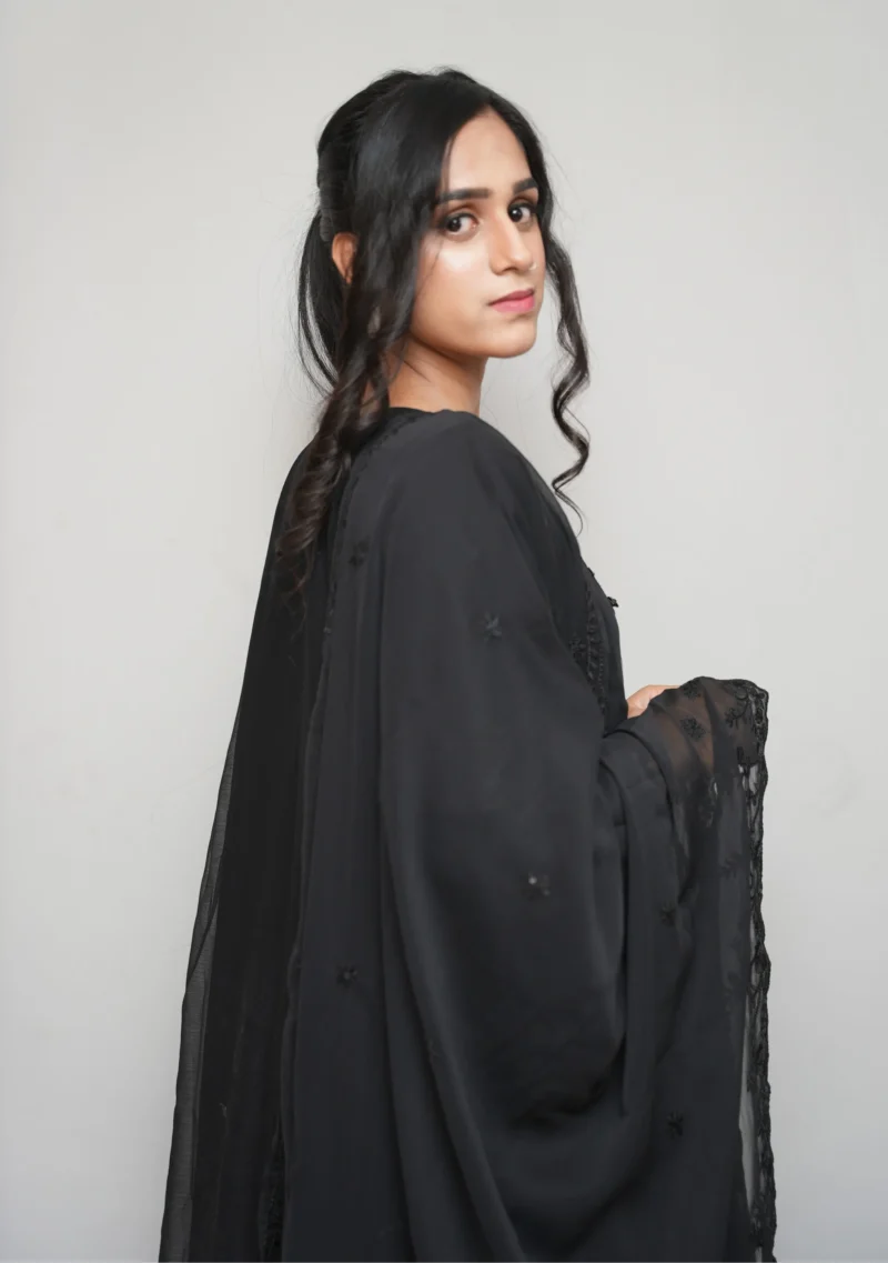 3-Piece Chiffon Short Frock Set – Black with 3D Flowers, Sequins & Flapper Trouser - Image 5