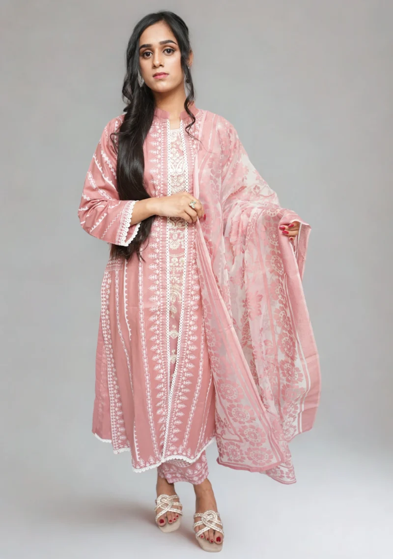 4-Piece Tea Pink Gown Set – Printed Gown with Silver & Golden Embroidery and Self-Printed Dupatta - Image 2