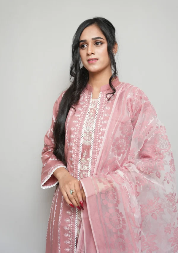 4-Piece Tea Pink Gown Set – Printed Gown with Silver & Golden Embroidery and Self-Printed Dupatta
