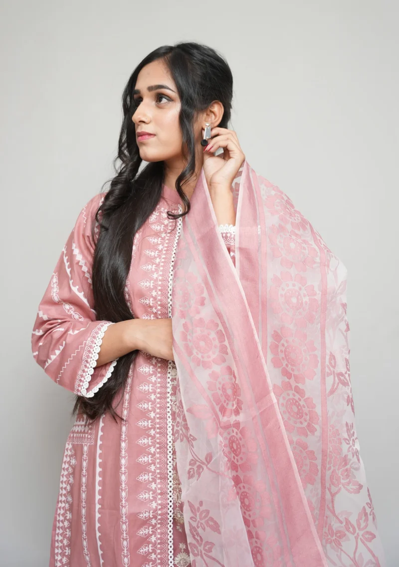 4-Piece Tea Pink Gown Set – Printed Gown with Silver & Golden Embroidery and Self-Printed Dupatta - Image 3