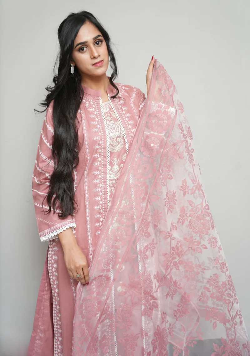 4-Piece Tea Pink Gown Set – Printed Gown with Silver & Golden Embroidery and Self-Printed Dupatta - Image 4