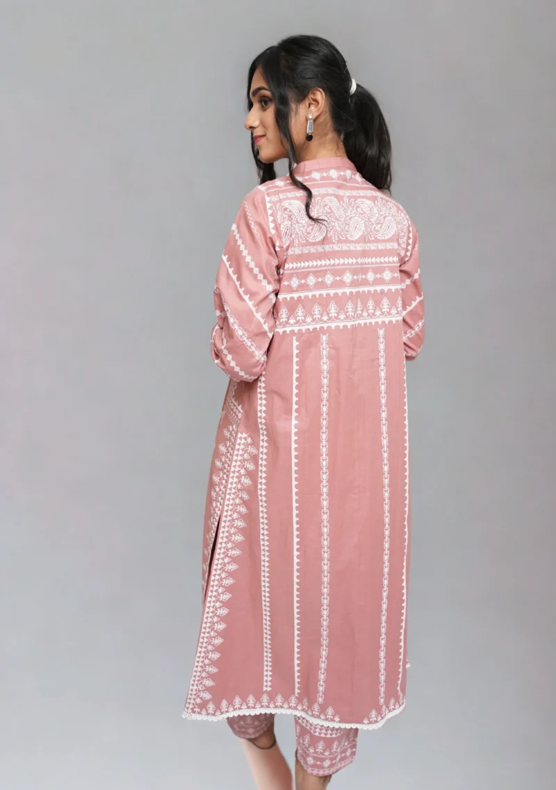 4-Piece Tea Pink Gown Set – Printed Gown with Silver & Golden Embroidery and Self-Printed Dupatta - Image 5