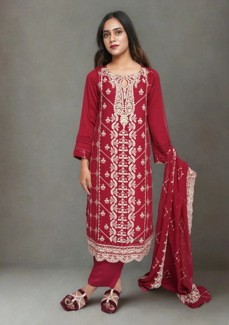 3-Piece Chiffon Suit – Red with Elegant Embroidery, Sequins, Pearls & Stones - Image 2