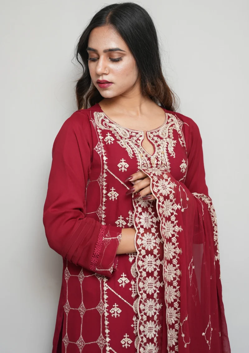 3-Piece Chiffon Suit – Red with Elegant Embroidery, Sequins, Pearls & Stones - Image 3