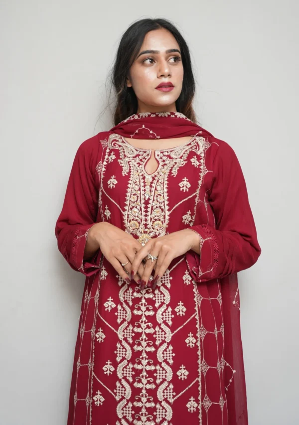 3-Piece Chiffon Suit – Red with Elegant Embroidery, Sequins, Pearls & Stones