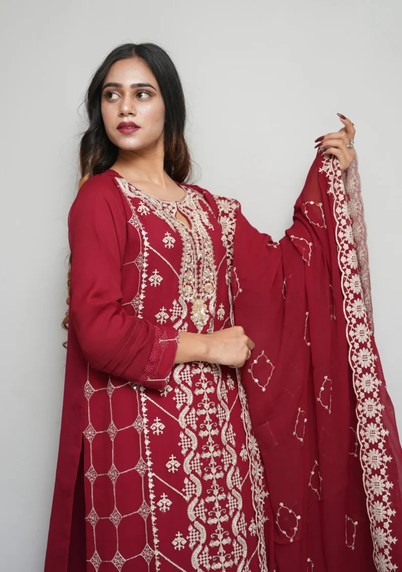 3-Piece Chiffon Suit – Red with Elegant Embroidery, Sequins, Pearls & Stones - Image 4