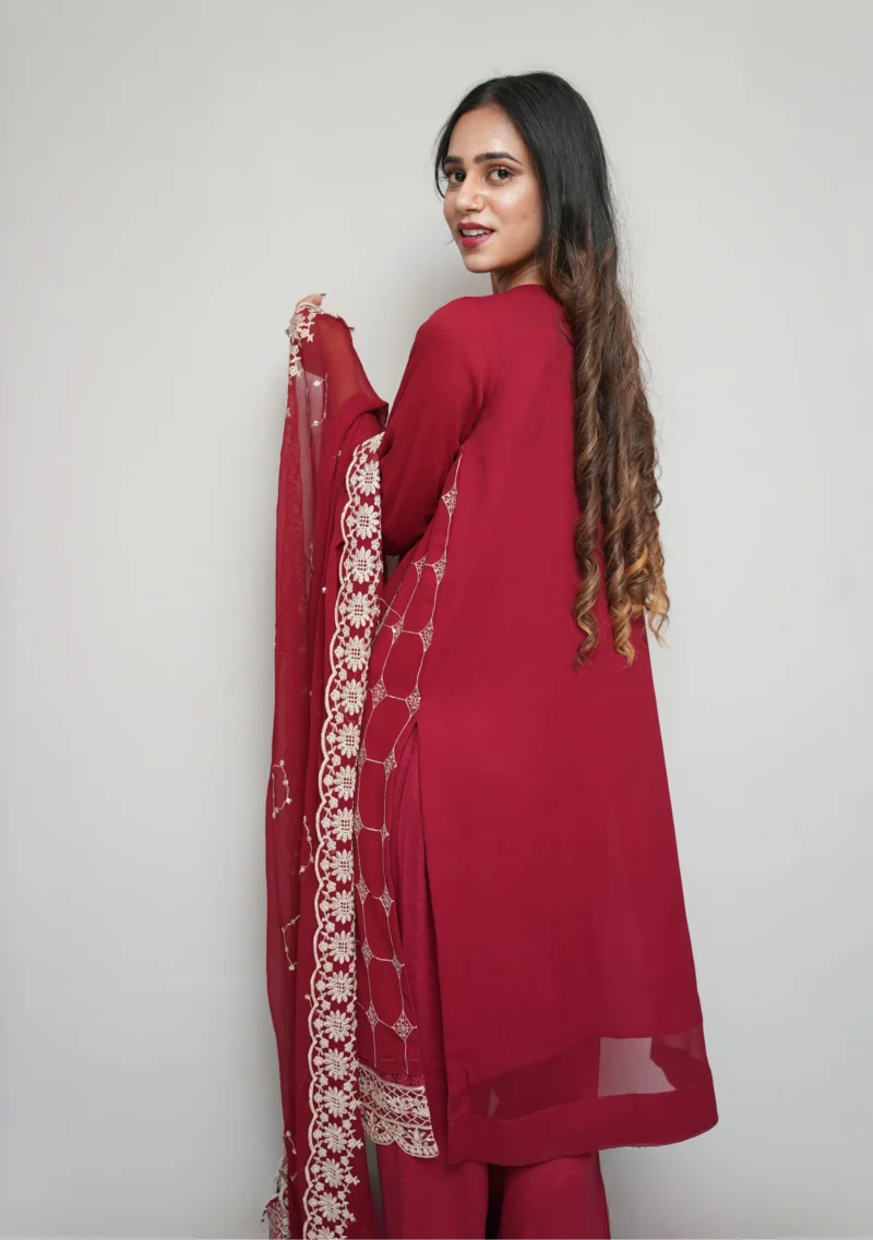 3-Piece Chiffon Suit – Red with Elegant Embroidery, Sequins, Pearls & Stones - Image 5