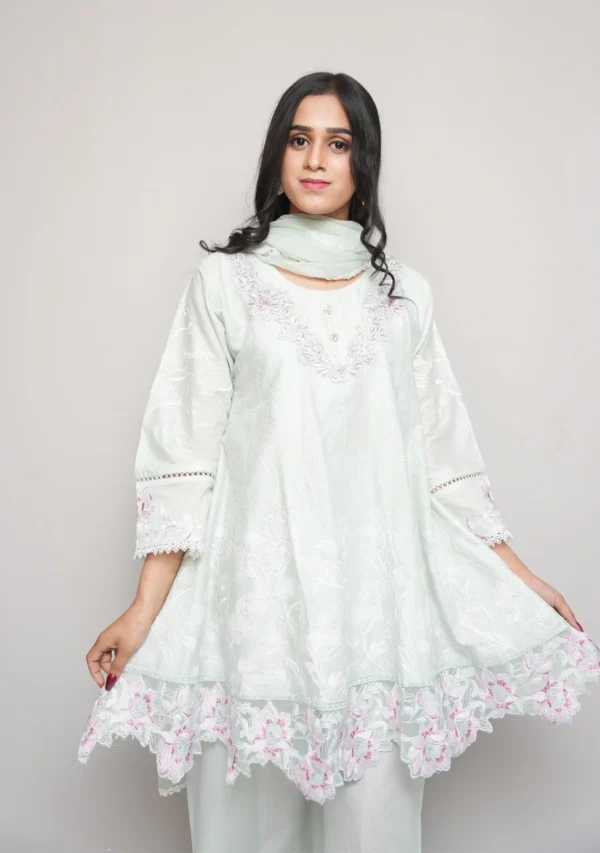 3-Piece Cotton Short Frock Set – Light Cyan with Multi-Color Beads & Embroidered Dupatta