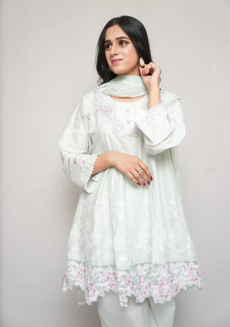 3-Piece Cotton Short Frock Set – Light Cyan with Multi-Color Beads & Embroidered Dupatta - Image 3
