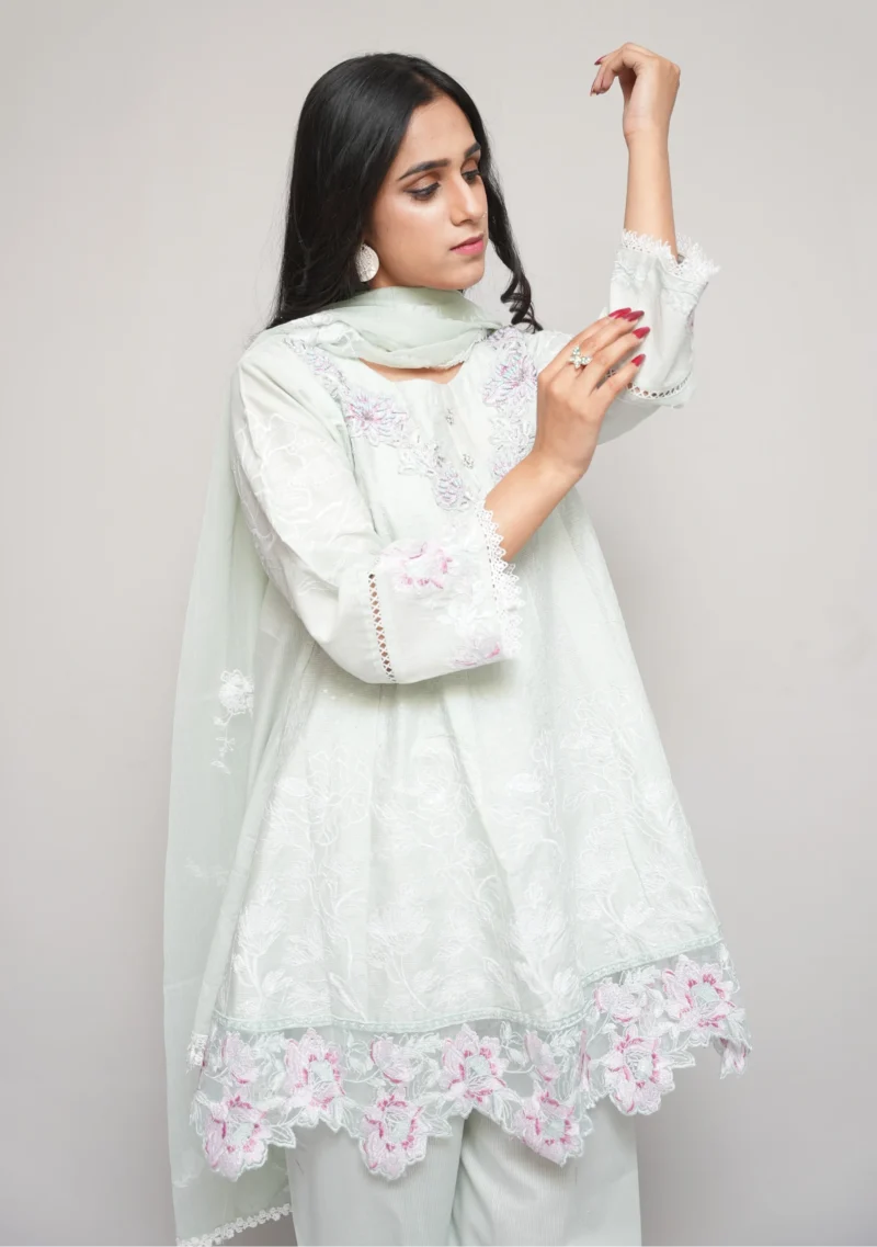 3-Piece Cotton Short Frock Set – Light Cyan with Multi-Color Beads & Embroidered Dupatta - Image 4