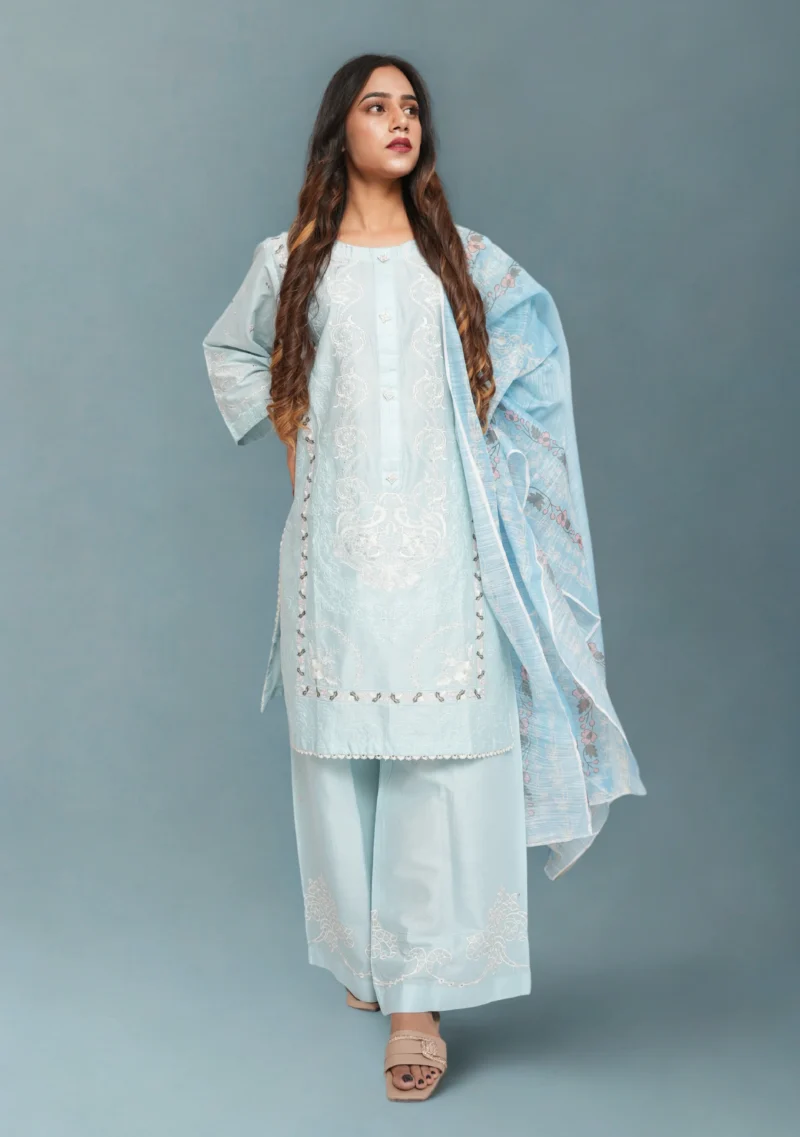 3-Piece Cotton Suit – Light Blue with Full Embroidery & Diamond Printed Dupatta - Image 2