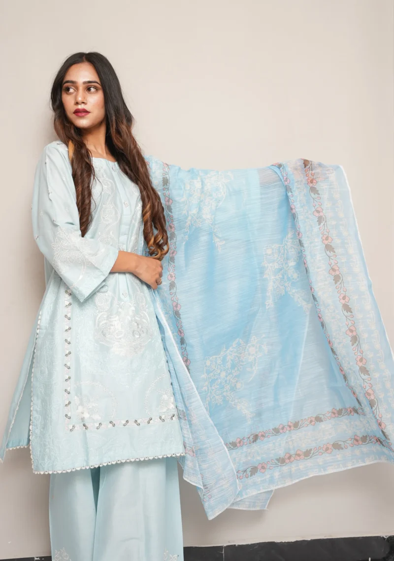 3-Piece Cotton Suit – Light Blue with Full Embroidery & Diamond Printed Dupatta - Image 3