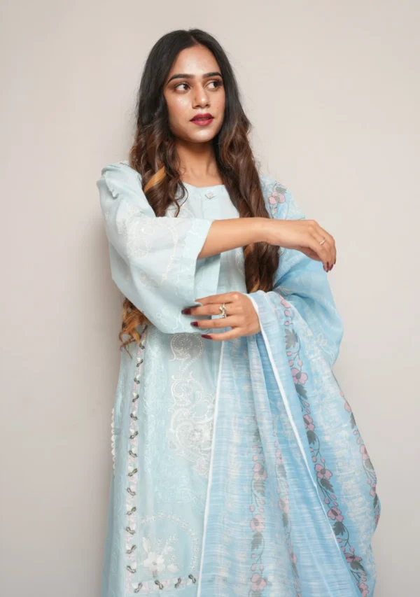 3-Piece Cotton Suit – Light Blue with Full Embroidery & Diamond Printed Dupatta