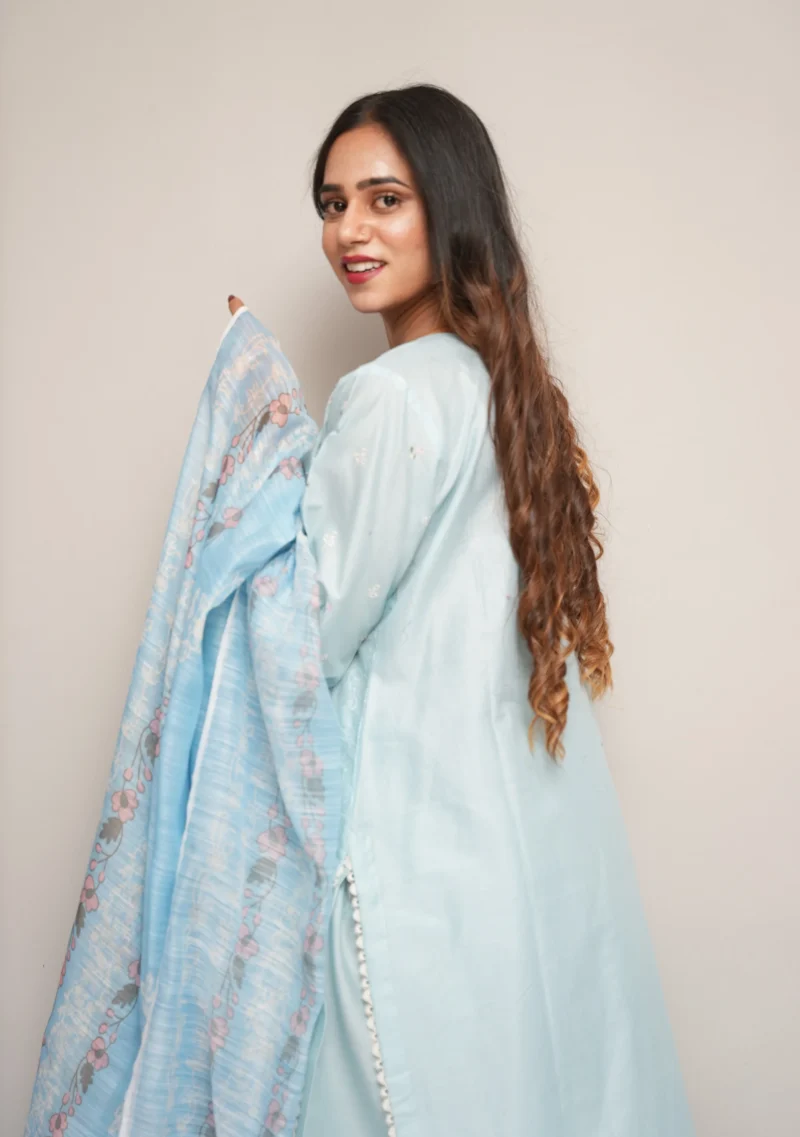 3-Piece Cotton Suit – Light Blue with Full Embroidery & Diamond Printed Dupatta - Image 4