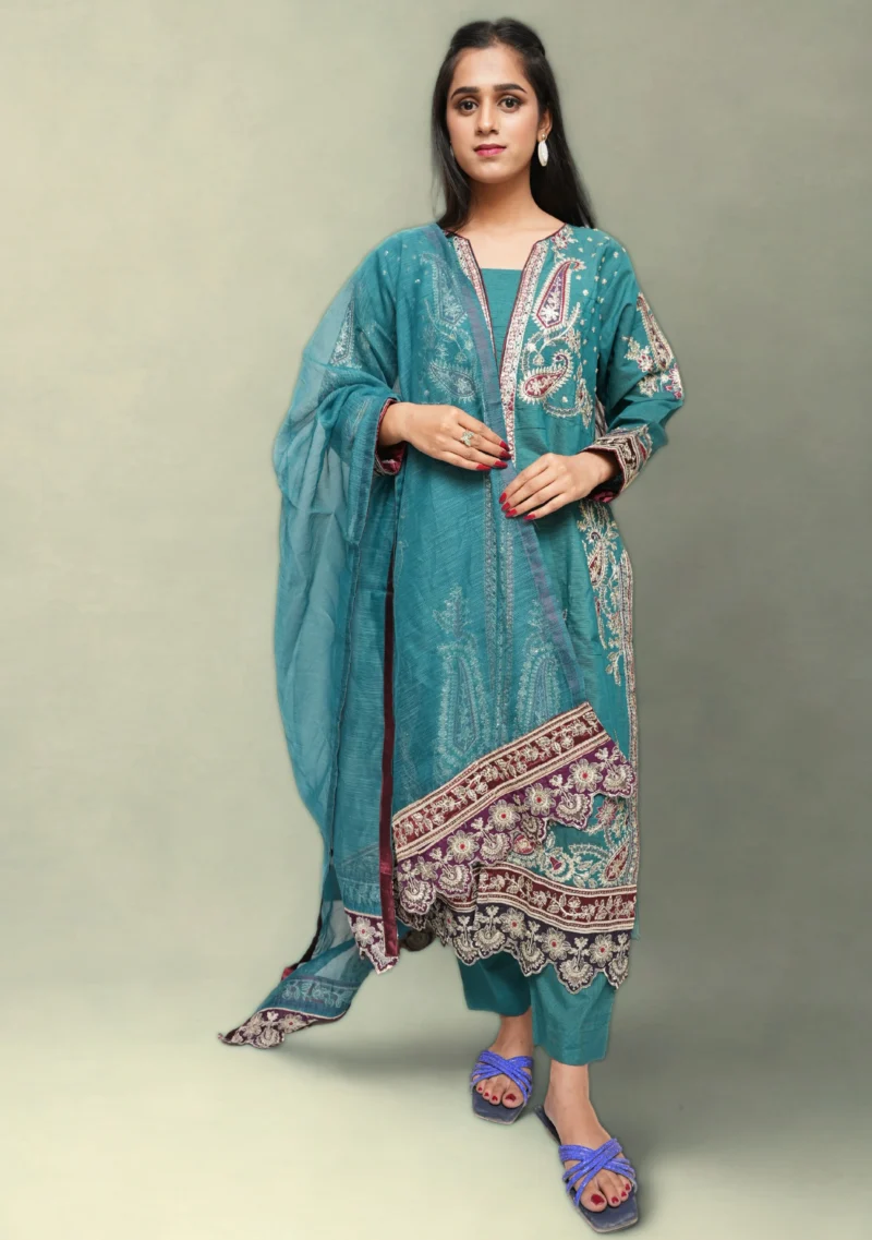 3-Piece Khadi Suit – Green with Multi-Color Embroidery, Zari & Sequins - Image 2
