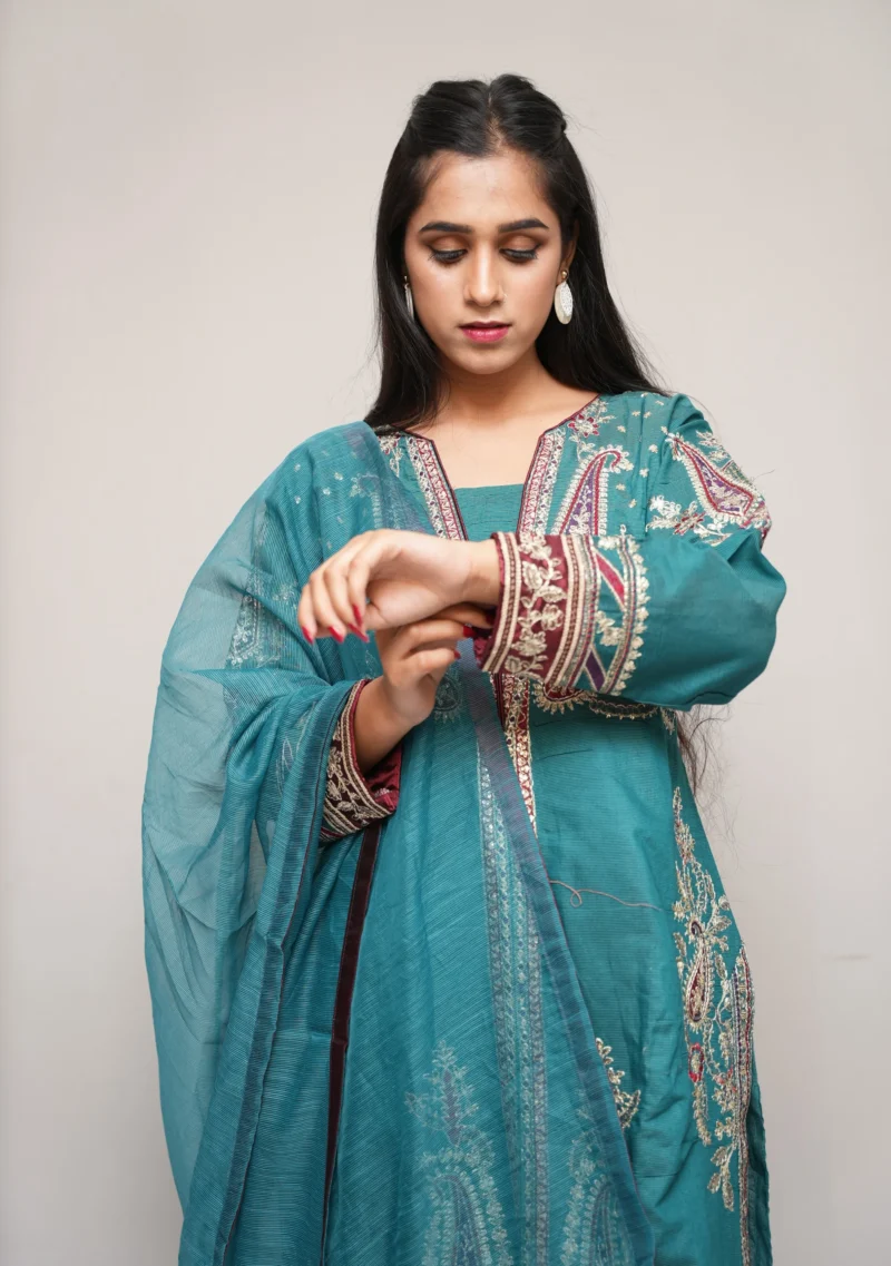 3-Piece Khadi Suit – Green with Multi-Color Embroidery, Zari & Sequins - Image 3