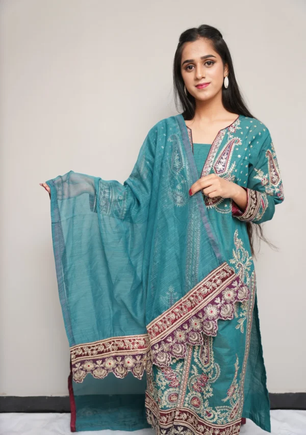 3-Piece Khadi Suit – Green with Multi-Color Embroidery, Zari & Sequins