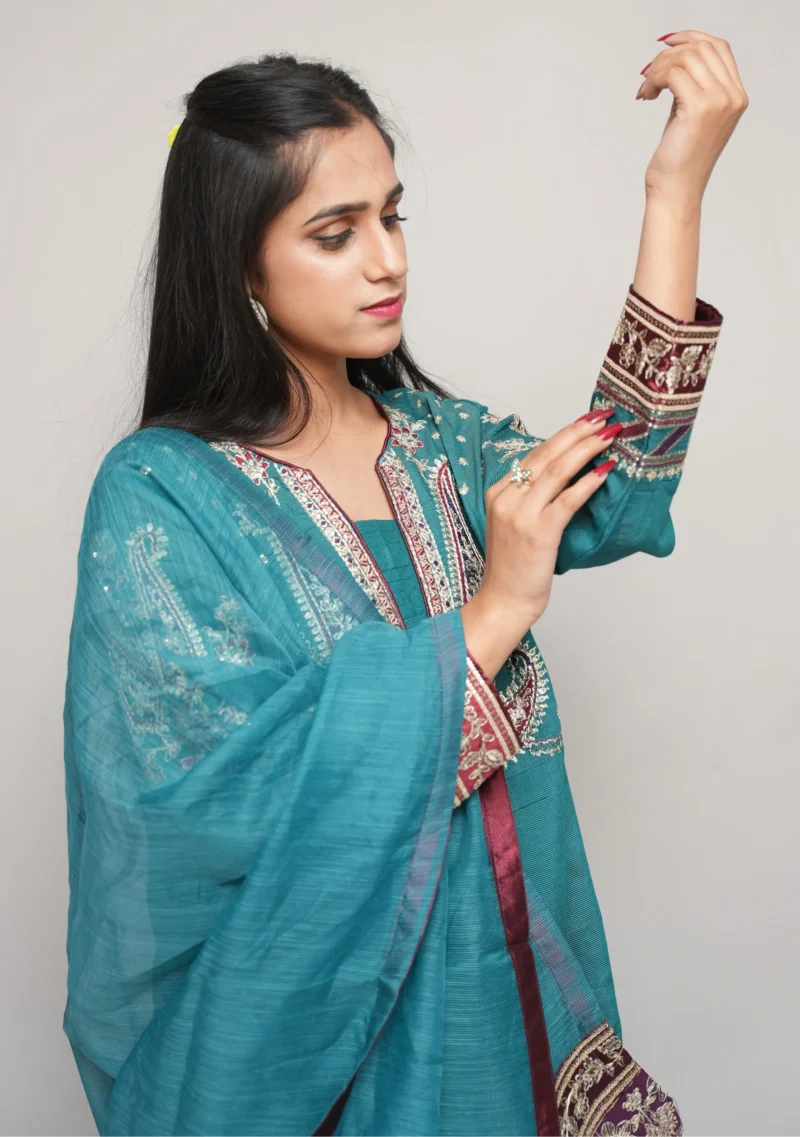 3-Piece Khadi Suit – Green with Multi-Color Embroidery, Zari & Sequins - Image 4