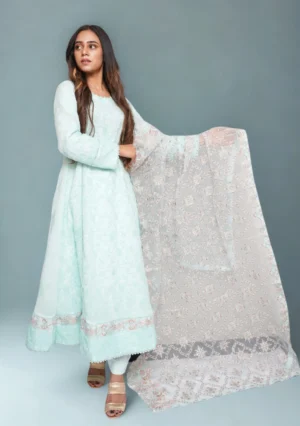 3-Piece Chiffon Airline Frock Set – Light Blue with Chikankari, Multi-Color Embroidery & Embellished Dupatta