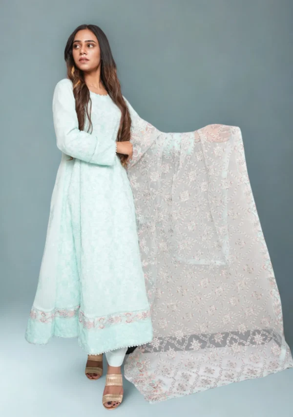 3-Piece Chiffon Airline Frock Set – Light Blue with Chikankari, Multi-Color Embroidery & Embellished Dupatta