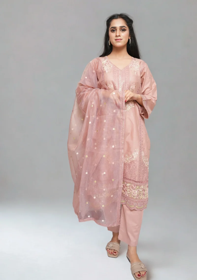 3-Piece Cotton Suit – Tea Pink with Fully Embroidered Shirt & Net Dupatta - Image 2