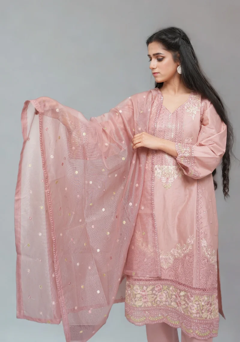 3-Piece Cotton Suit – Tea Pink with Fully Embroidered Shirt & Net Dupatta - Image 3