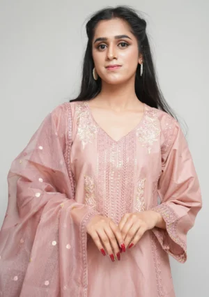 3-Piece Cotton Suit – Tea Pink with Fully Embroidered Shirt & Net Dupatta