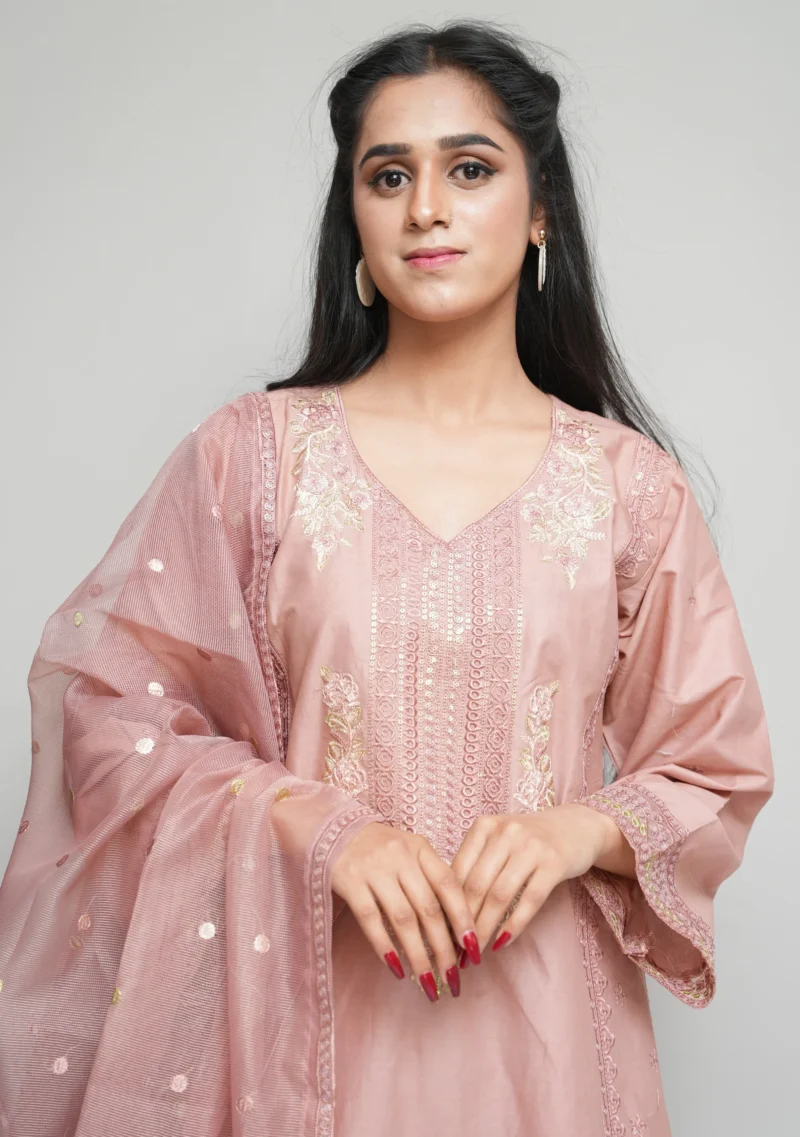 3-Piece Cotton Suit – Tea Pink with Fully Embroidered Shirt & Net Dupatta