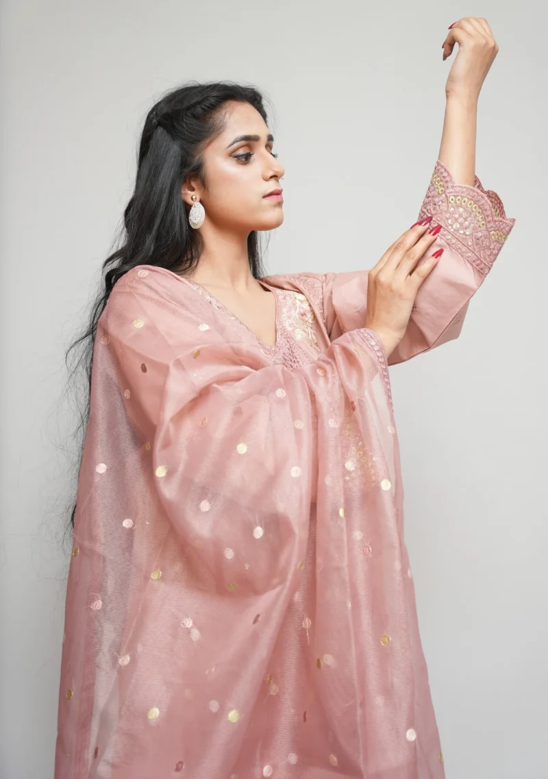 3-Piece Cotton Suit – Tea Pink with Fully Embroidered Shirt & Net Dupatta - Image 4