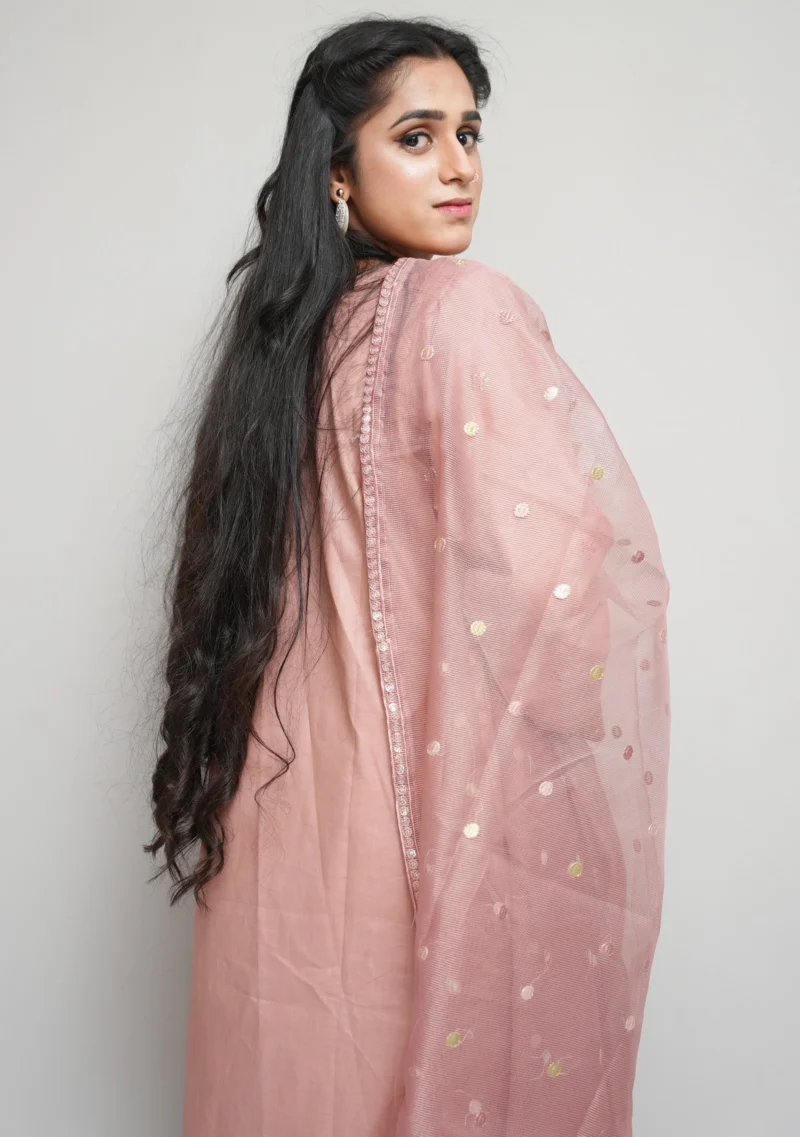 3-Piece Cotton Suit – Tea Pink with Fully Embroidered Shirt & Net Dupatta - Image 5