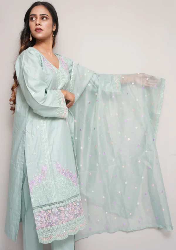3-Piece Cotton Suit – Light Green with Fully Embroidered Shirt & Net Dupatta