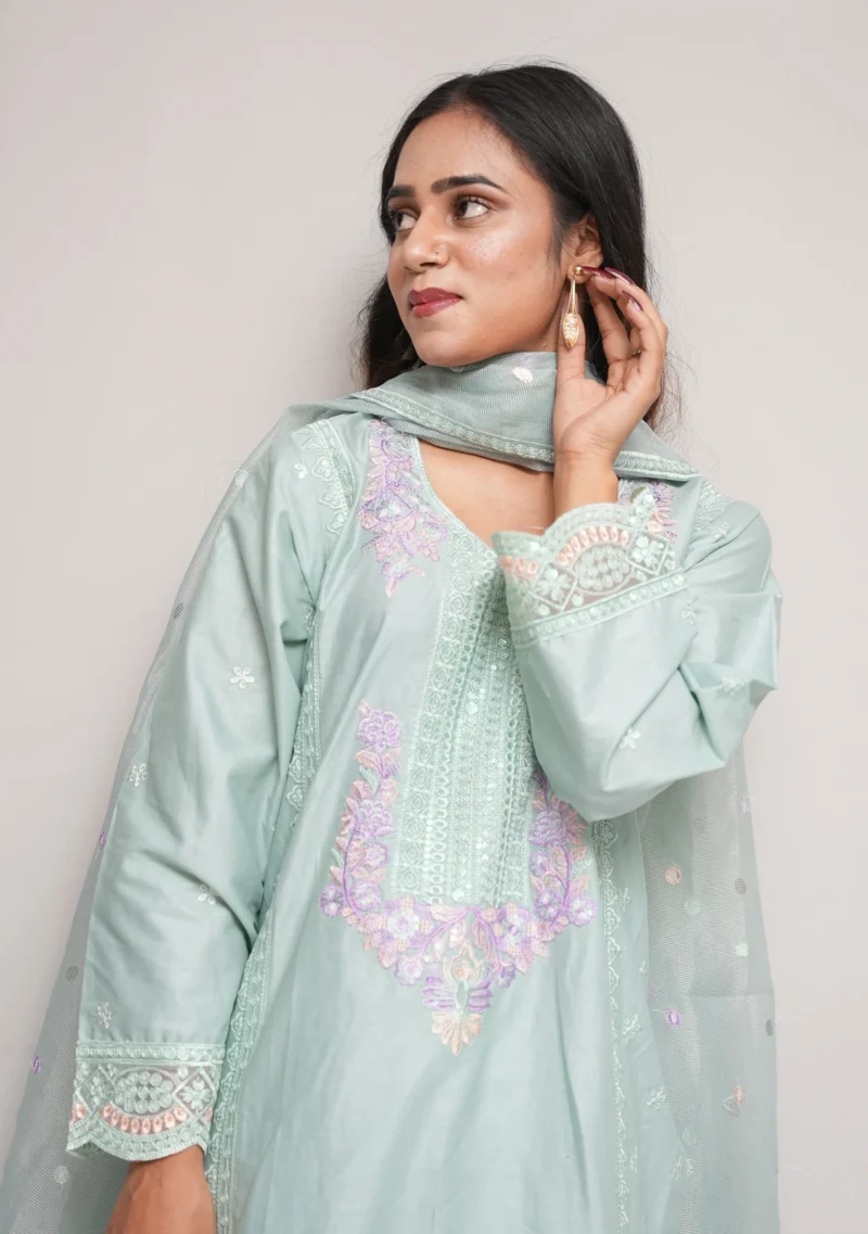 3-Piece Cotton Suit – Light Green with Fully Embroidered Shirt & Net Dupatta - Image 3