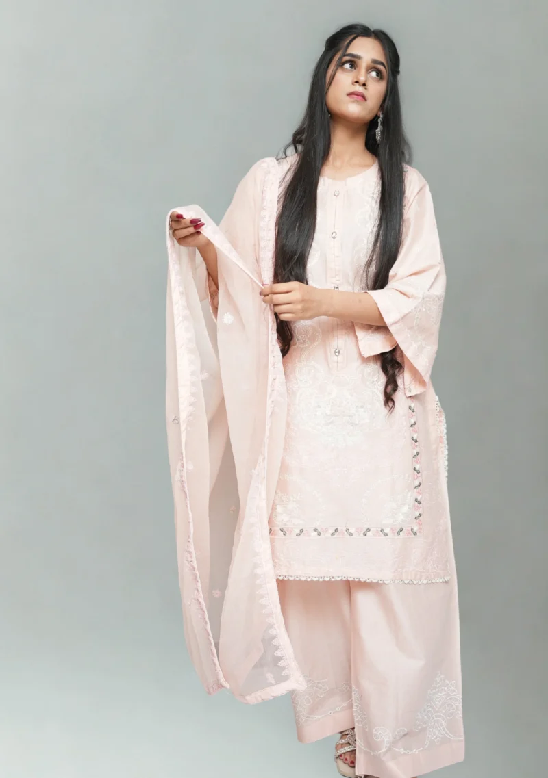 3-Piece Cotton Suit – Tea Pink with Full Embroidery & Diamond Printed Dupatta - Image 2