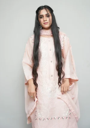3-Piece Cotton Suit – Tea Pink with Full Embroidery & Diamond Printed Dupatta