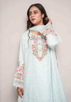 3-Piece Chiffon Airline Frock Set – Light Blue with Chikankari, Multi-Color Embroidery, Pearls & Stones