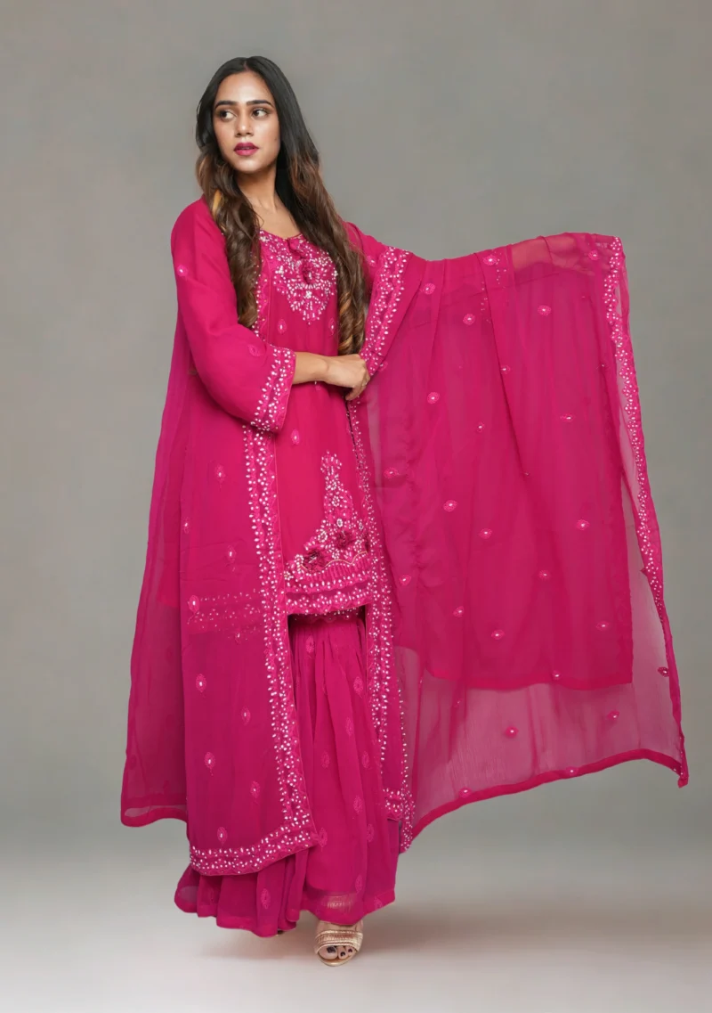 3-Piece Chiffon Gharara Set – Shocking Pink with 3D Flowers, Embroidery & Pearl Work - Image 3