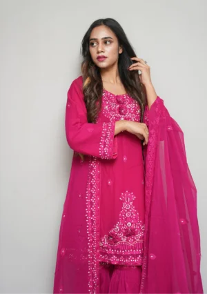 3-Piece Chiffon Gharara Set – Shocking Pink with 3D Flowers, Embroidery & Pearl Work