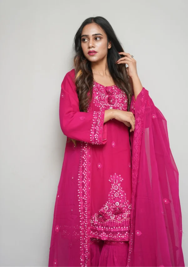 3-Piece Chiffon Gharara Set – Shocking Pink with 3D Flowers, Embroidery & Pearl Work