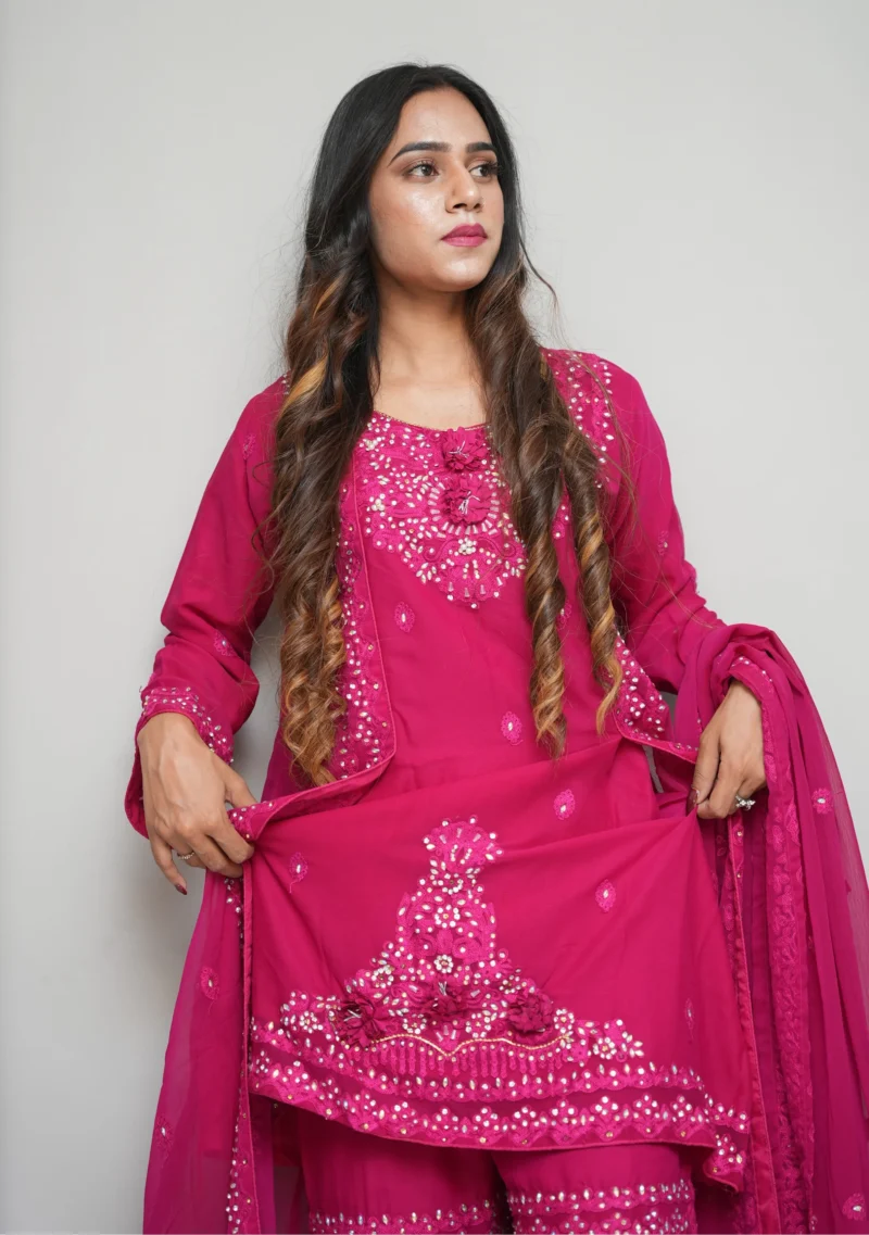 3-Piece Chiffon Gharara Set – Shocking Pink with 3D Flowers, Embroidery & Pearl Work - Image 2