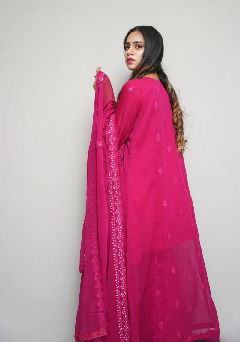 3-Piece Chiffon Gharara Set – Shocking Pink with 3D Flowers, Embroidery & Pearl Work - Image 4