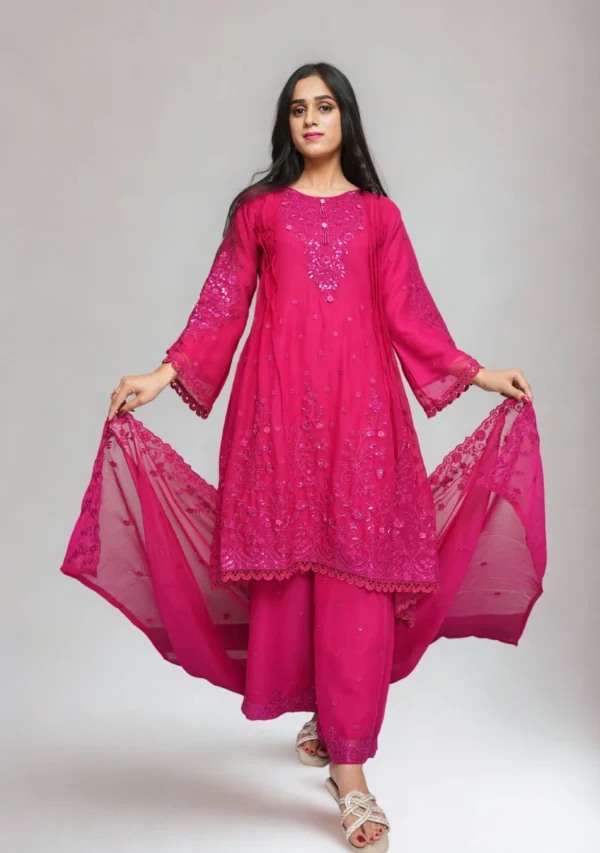 3-Piece Chiffon Short Frock Set – Shocking Pink with 3D Flowers, Sequins & Flapper Trouser