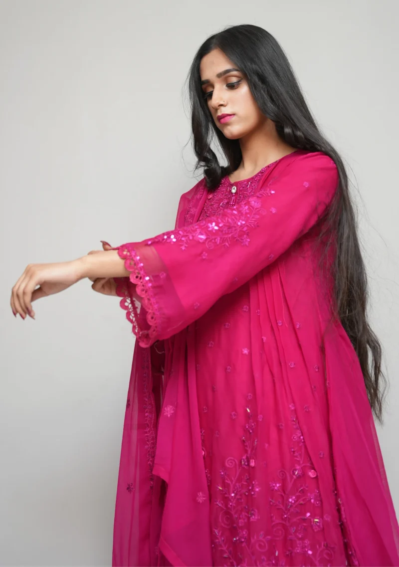 3-Piece Chiffon Short Frock Set – Shocking Pink with 3D Flowers, Sequins & Flapper Trouser - Image 3