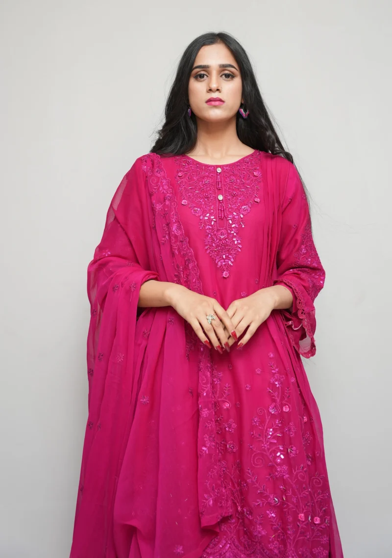 3-Piece Chiffon Short Frock Set – Shocking Pink with 3D Flowers, Sequins & Flapper Trouser - Image 4