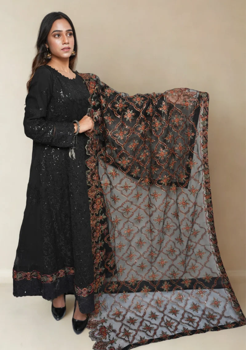 4-Piece Chiffon Long Frock Set – Black with Multi-Color Embroidery, Sequins & Pearl Embellishments - Image 4