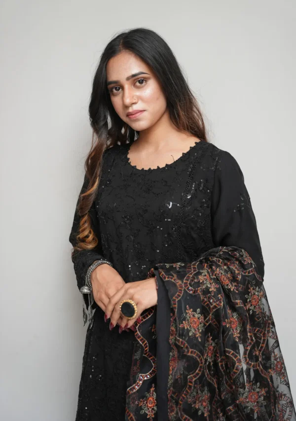 4-Piece Chiffon Long Frock Set – Black with Multi-Color Embroidery, Sequins & Pearl Embellishments