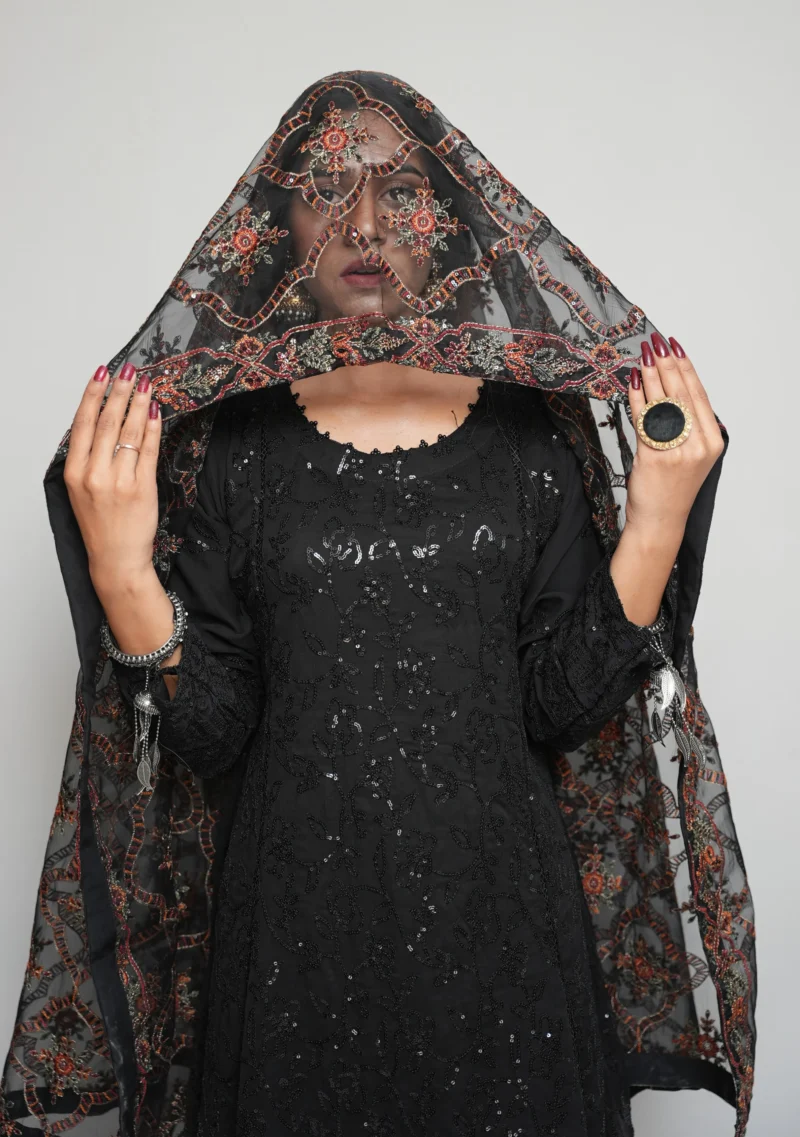 4-Piece Chiffon Long Frock Set – Black with Multi-Color Embroidery, Sequins & Pearl Embellishments - Image 2