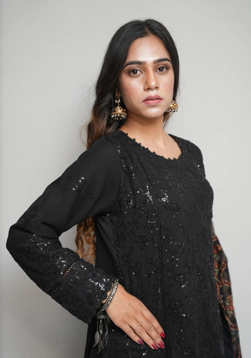 4-Piece Chiffon Long Frock Set – Black with Multi-Color Embroidery, Sequins & Pearl Embellishments - Image 3